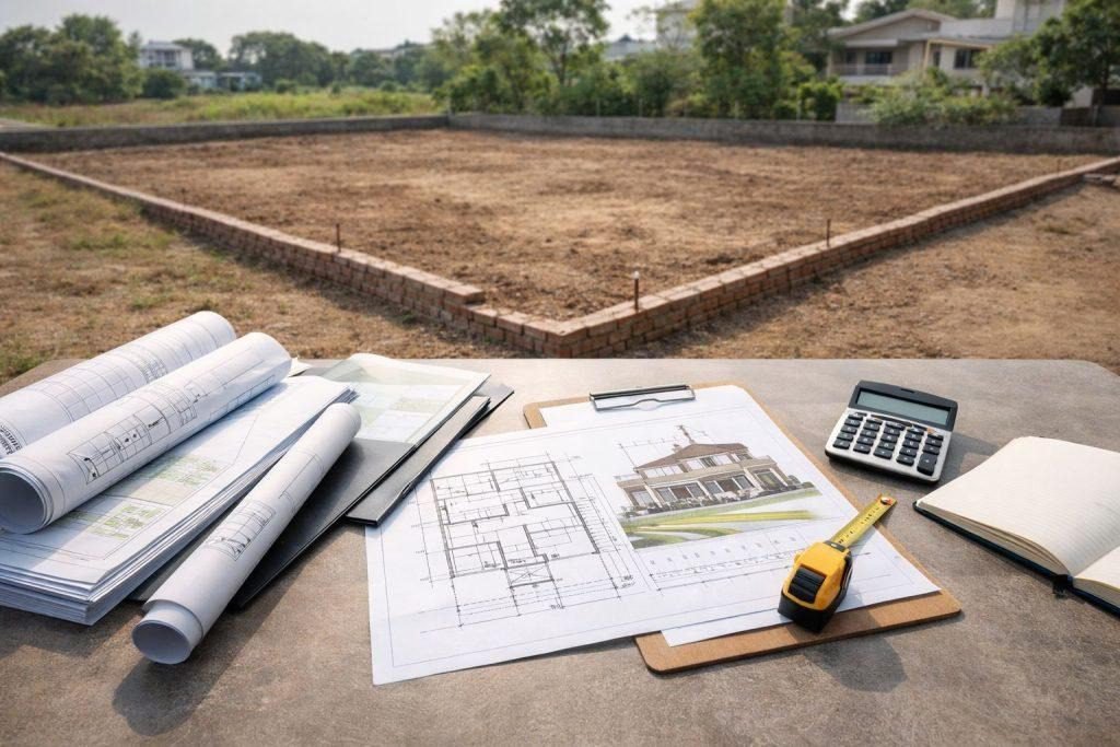 Modern turnkey home under construction showcasing complete residential construction from plot to finished home.